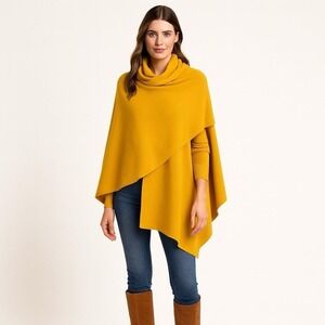 New Peruvian Soul Alpaca Mustard Knit Ruana Shawl Wrap Cape With Horn Toggle Pin